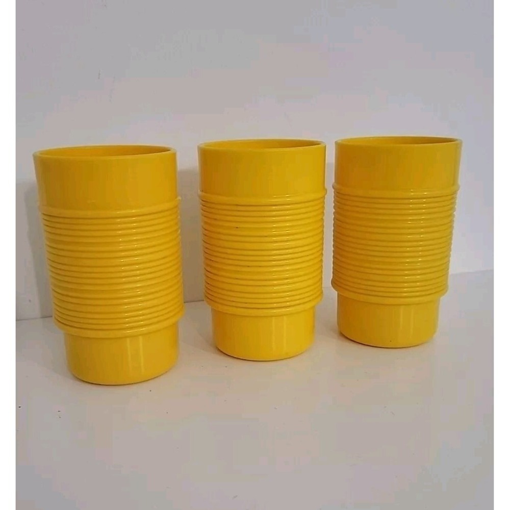 Lot of 3 Vintage Rubbermaid #3826 Ribbed Yellow 5" Tumbler Cups Gold Plastic